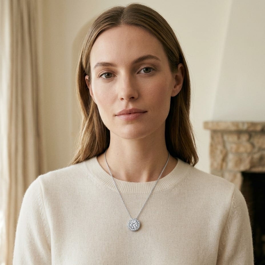 Diamond Round Halo Pendant in 18K White Gold - lifestyle