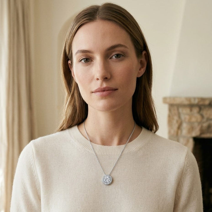 Diamond Round Halo Pendant in 18K White Gold - lifestyle