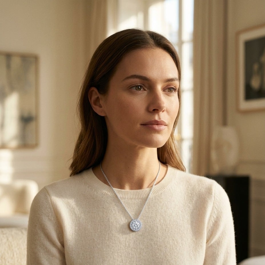 Diamond Round Halo Pendant in 18K White Gold - on model