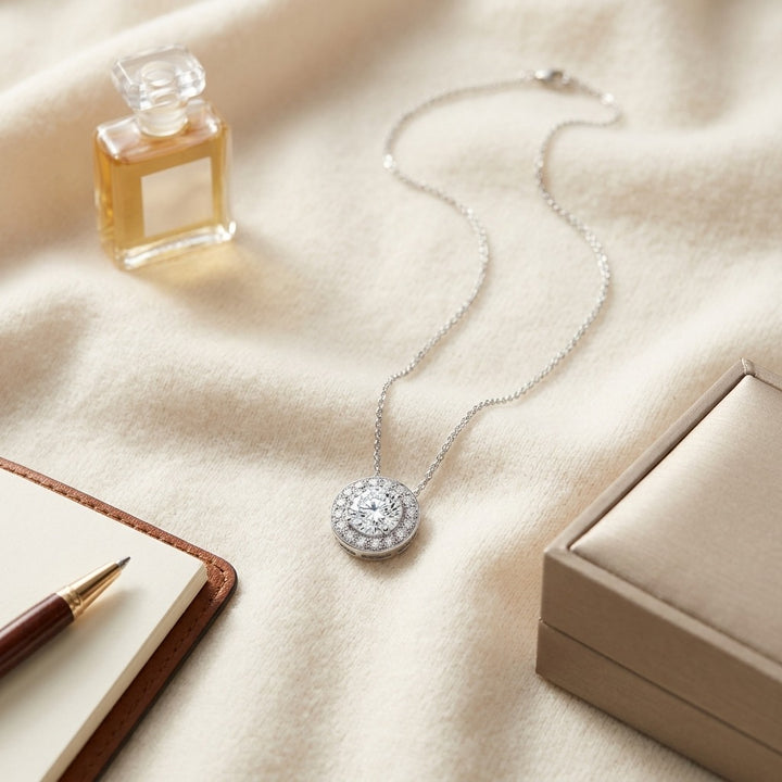 Diamond Round Halo Pendant in 18K White Gold - flat lay