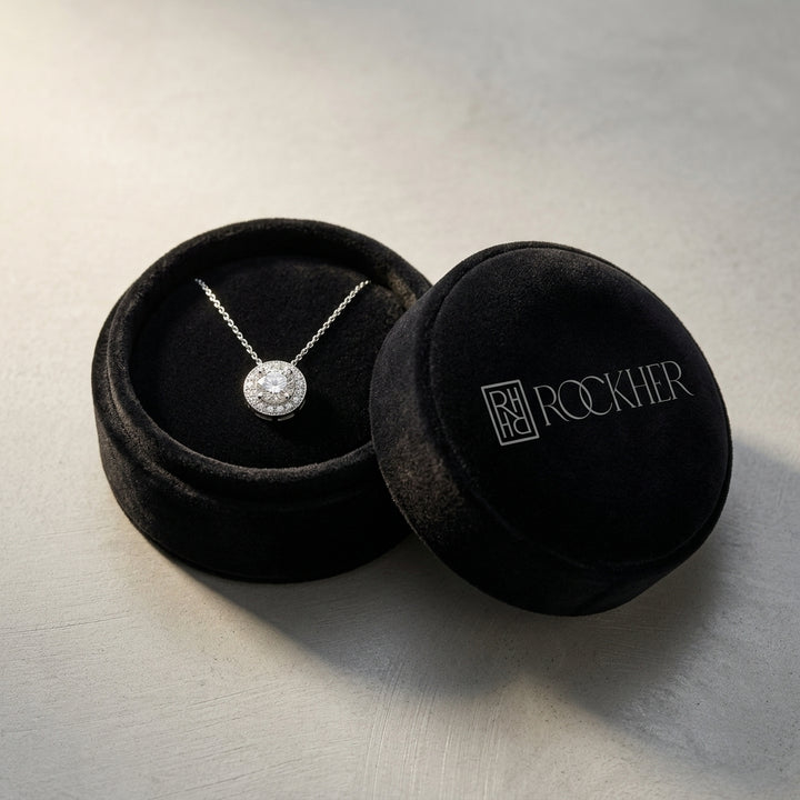 Diamond Round Halo Pendant in 18K White Gold - presentation