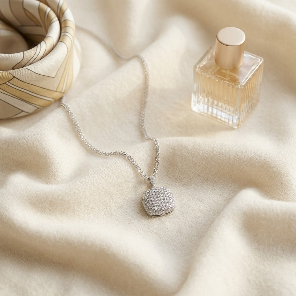 Diamond Pave Pendant in 18K White Gold - flat lay