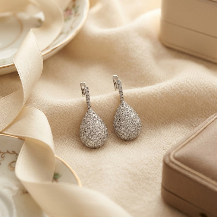 Diamond Puff Pave Teardrop Pendant , 17-Inch Rolo Chain in 18K White Gold - flat lay