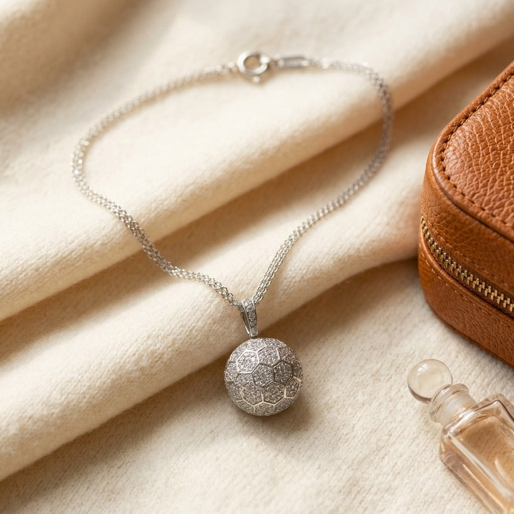 Diamond Puff Pave Disk Pendant , 16-Inch Rolo Double Chain in 18K White Gold - flat lay