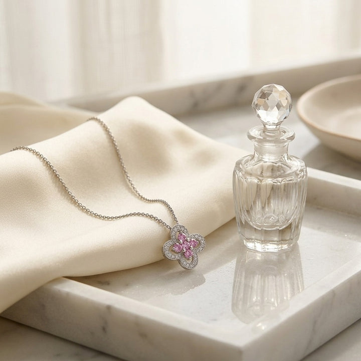Pink Sapphire & Diamond Four-Petal Floral Necklace in 18K White Gold - lifestyle