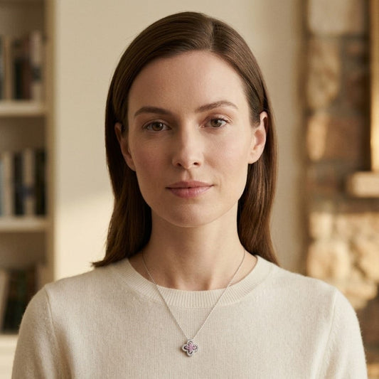 Pink Sapphire & Diamond Four-Petal Floral Necklace in 18K White Gold - editorial