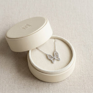 Diamond Floating Butterfly Necklace in 18K White Gold (0.10 Ct.tw), in navy velvet jewelry box