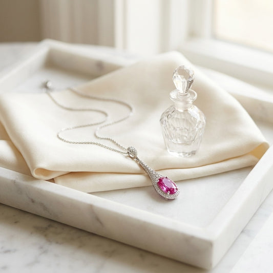 Pink Sapphire & Diamond Handmade Paddle Pendant in 18K White Gold - editorial