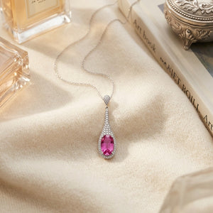 Pink Sapphire & Diamond Handmade Paddle Pendant in 18K White Gold - flat lay
