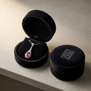 Pink Sapphire & Diamond Handmade Paddle Pendant in 18K White Gold - presentation