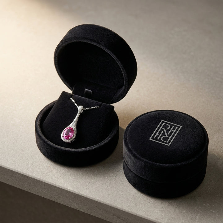 Pink Sapphire & Diamond Handmade Paddle Pendant in 18K White Gold - presentation