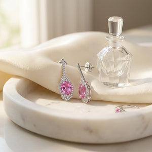 Pink Sapphire & Diamond Dangle Oval Earrings in 18K White Gold - editorial