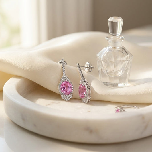 Pink Sapphire & Diamond Dangle Oval Earrings in 18K White Gold - editorial