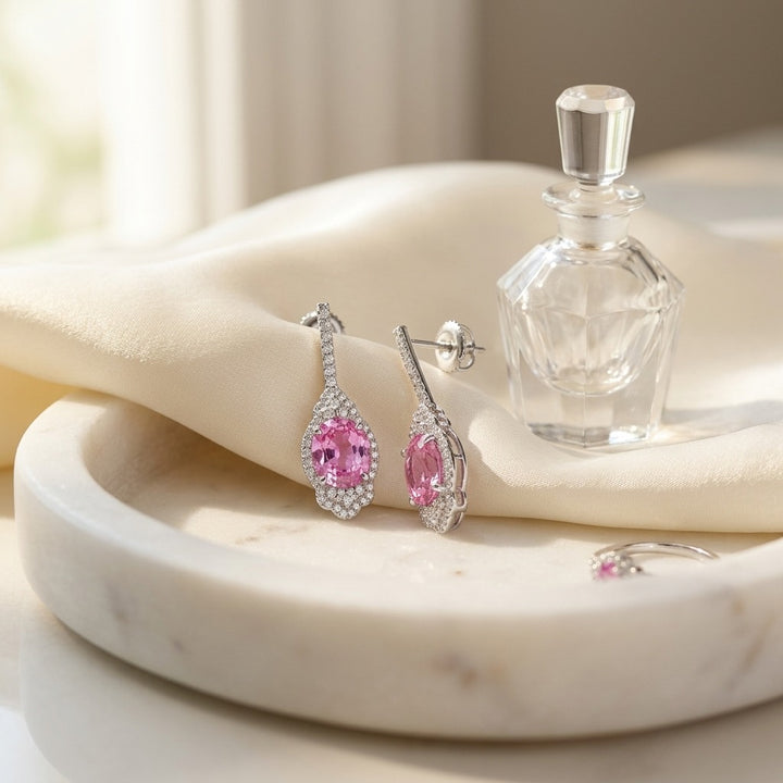 Pink Sapphire & Diamond Dangle Oval Earrings in 18K White Gold - editorial