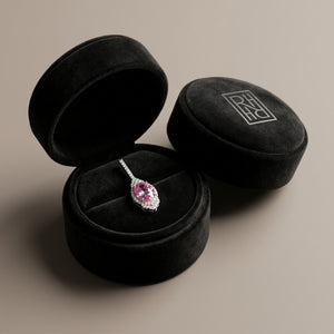 Pink Sapphire & Diamond Dangle Oval Earrings in 18K White Gold - presentation