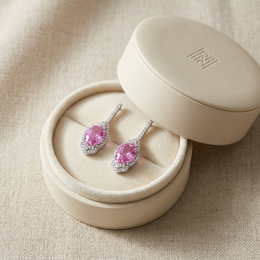 Pink Sapphire And Diamond Dangle Oval Earrings in 18K White Gold, in navy velvet jewelry box