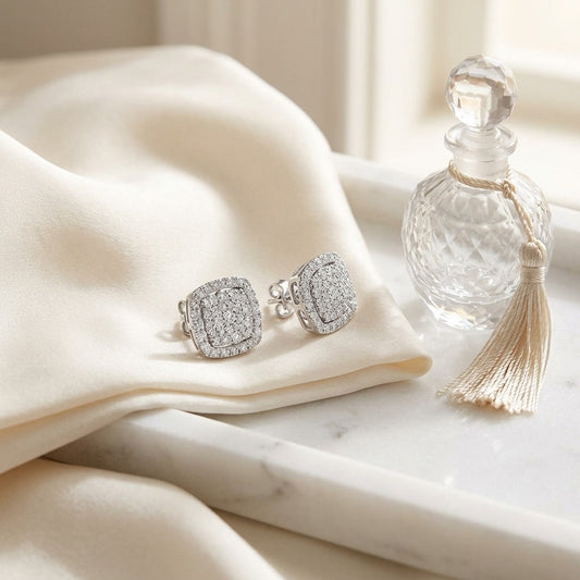 Diamond Pave Concave Square Earrings in 18K White Gold - editorial