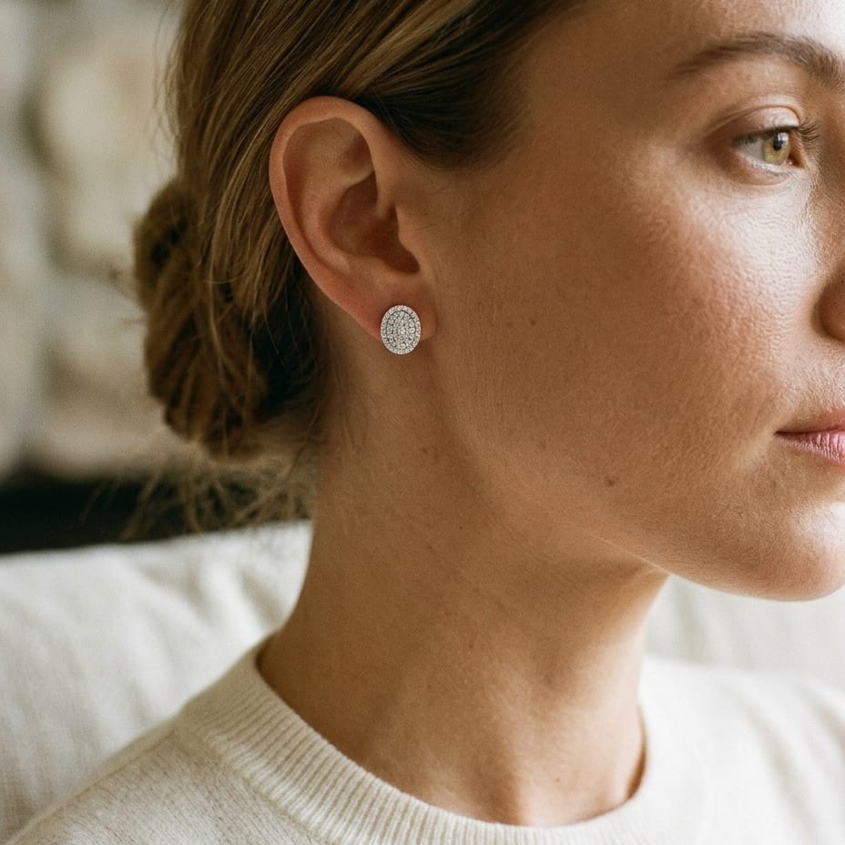 Diamond Pave Concave Oval Earrings 3/4ctw in 18K White Gold - editorial