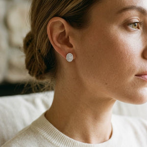 Diamond Pave Concave Oval Earrings 3/4ctw in 18K White Gold - editorial