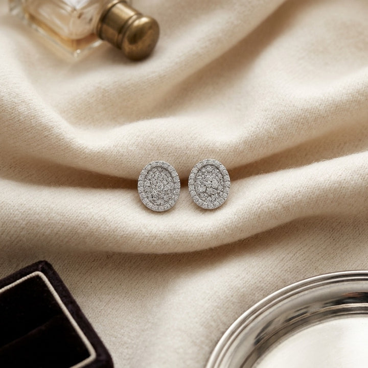 Diamond Pave Concave Oval Earrings 3/4ctw in 18K White Gold - flat lay