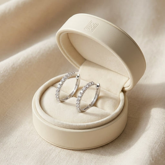 Diamond Hoop Earrings in 18K White Gold, in navy velvet jewelry box