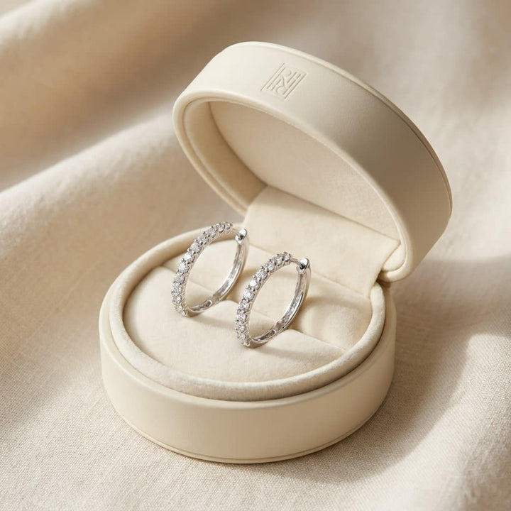 Diamond Hoop Earrings in 18K White Gold, in navy velvet jewelry box