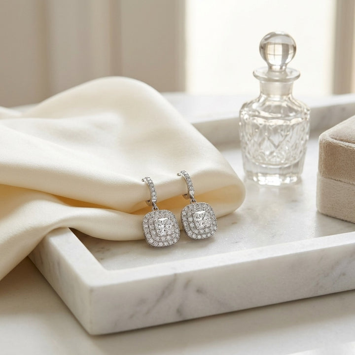Diamond Cushion Double Halo Dangle Earrings in 18K White Gold - lifestyle