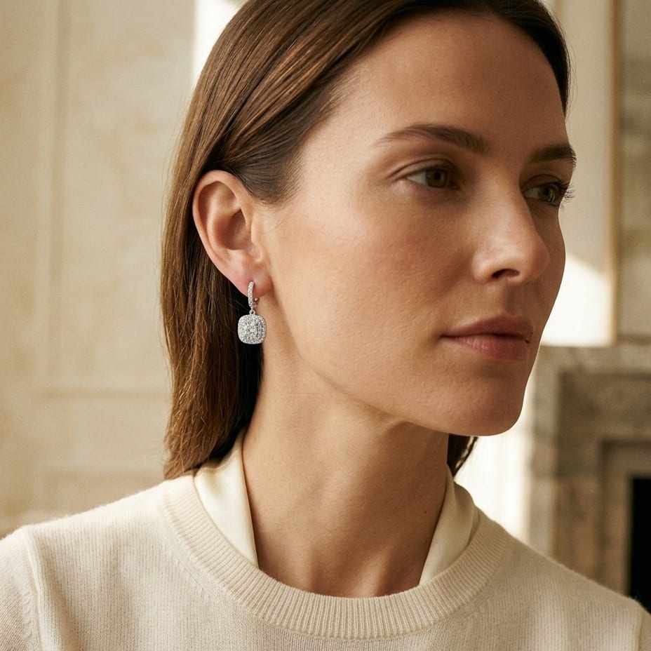 Diamond Cushion Double Halo Dangle Earrings in 18K White Gold - editorial