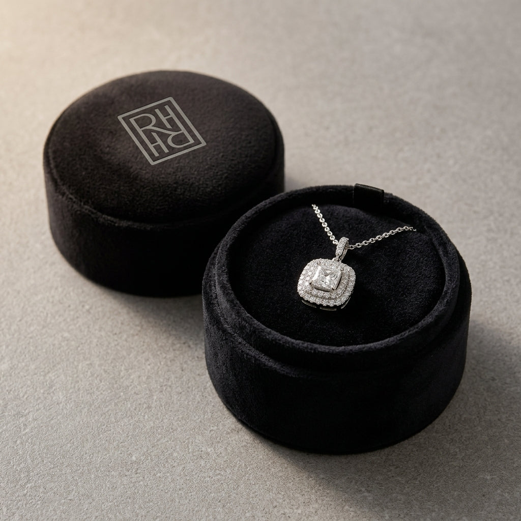 Diamond Cushion Double Halo Dangle Earrings in 18K White Gold - presentation