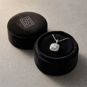Diamond Cushion Double Halo Dangle Earrings in 18K White Gold - presentation