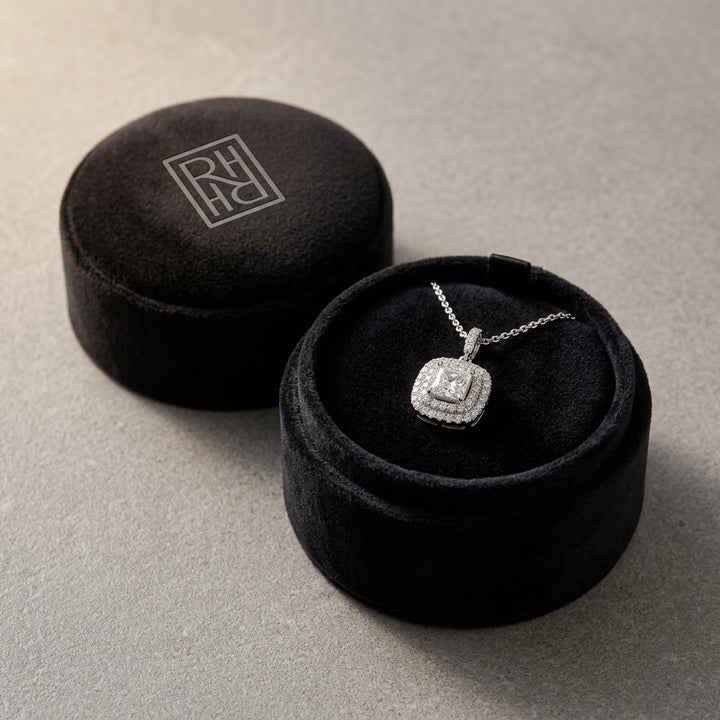 Diamond Cushion Double Halo Dangle Earrings in 18K White Gold - presentation