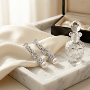 Pearl & Diamond Art Deco Dangle Earrings , Includes Igi Certificate in 18K White Gold - lifestyle