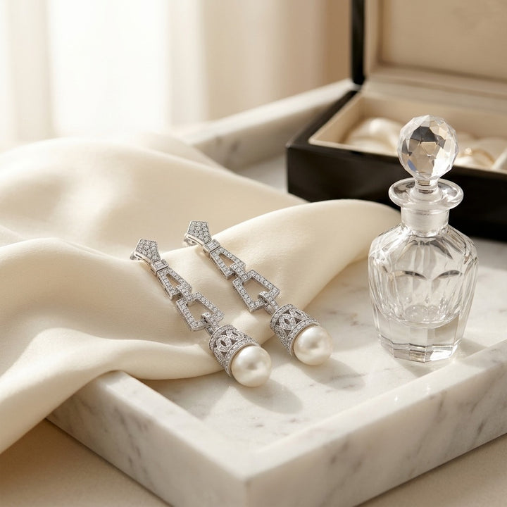 Pearl & Diamond Art Deco Dangle Earrings , Includes Igi Certificate in 18K White Gold - lifestyle
