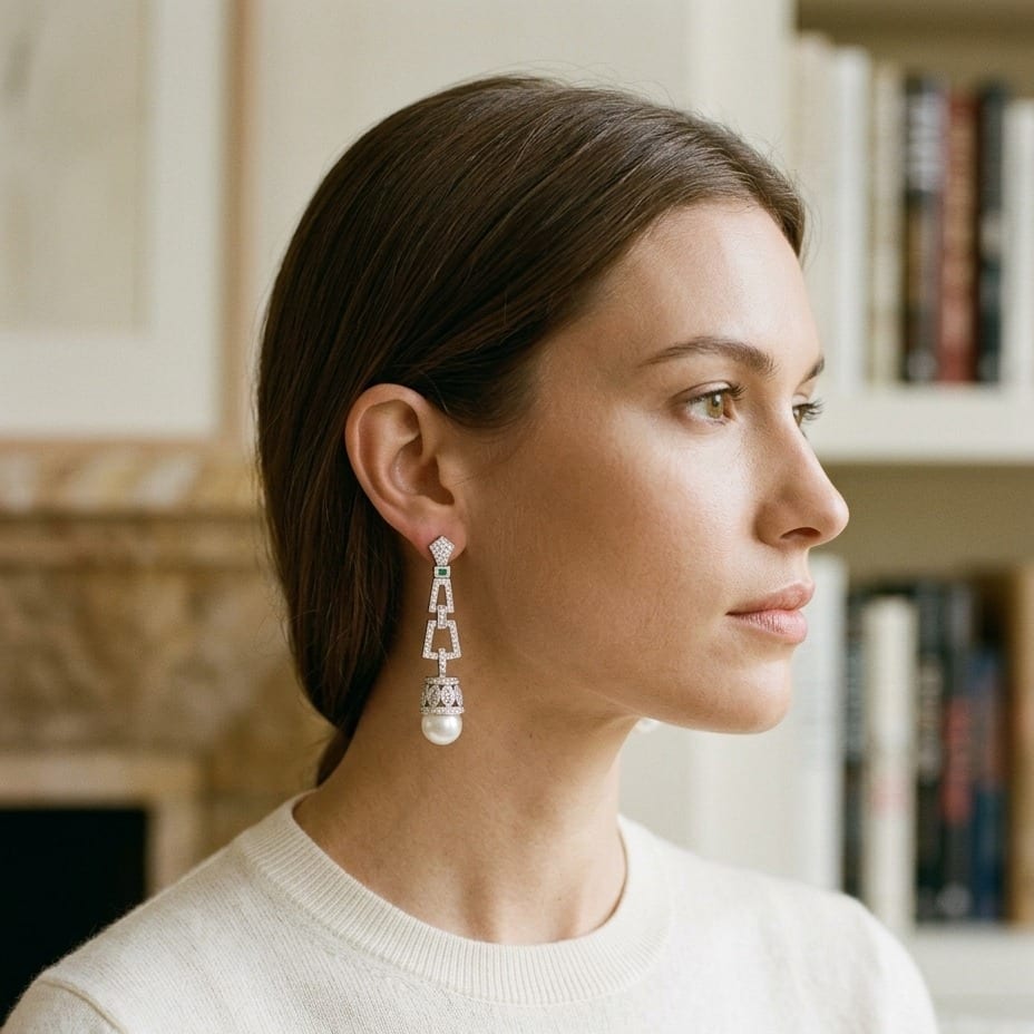 Pearl & Diamond Art Deco Dangle Earrings , Includes Igi Certificate in 18K White Gold - editorial