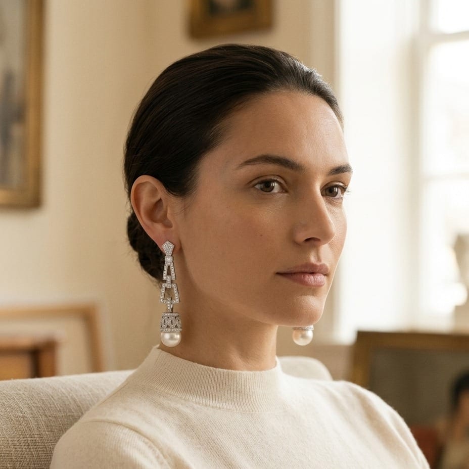 Pearl & Diamond Art Deco Dangle Earrings , Includes Igi Certificate in 18K White Gold - on model