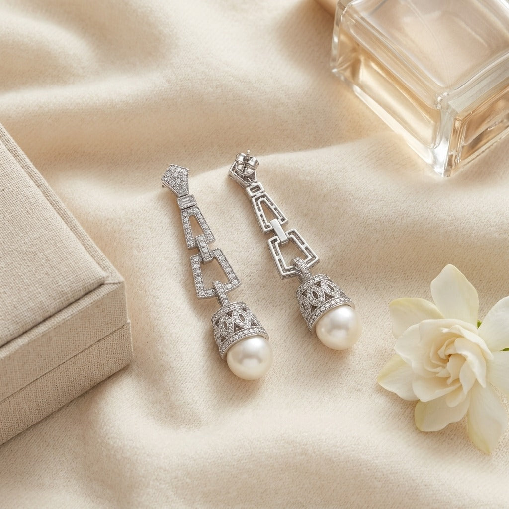 Pearl & Diamond Art Deco Dangle Earrings , Includes Igi Certificate in 18K White Gold - flat lay