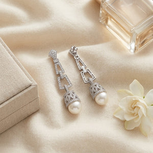 Pearl & Diamond Art Deco Dangle Earrings , Includes Igi Certificate in 18K White Gold - flat lay