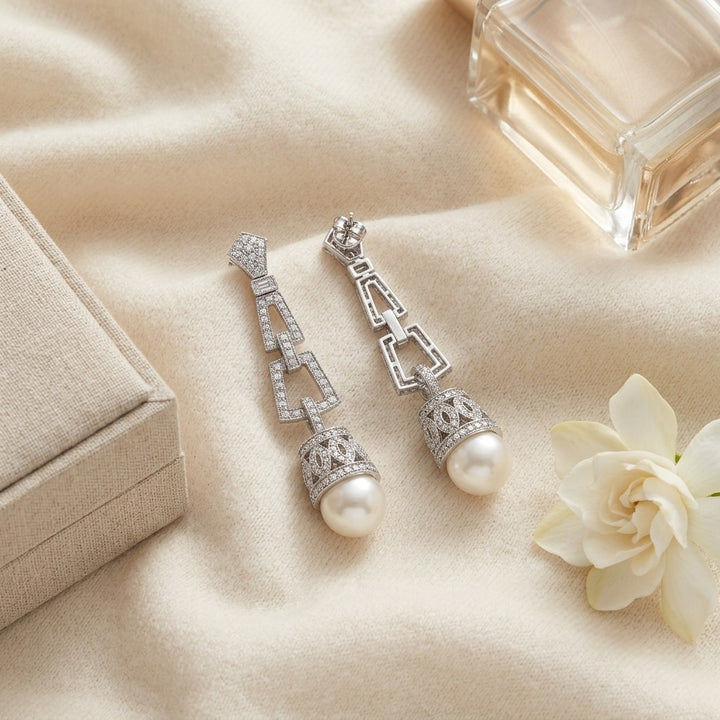 Pearl & Diamond Art Deco Dangle Earrings , Includes Igi Certificate in 18K White Gold - flat lay