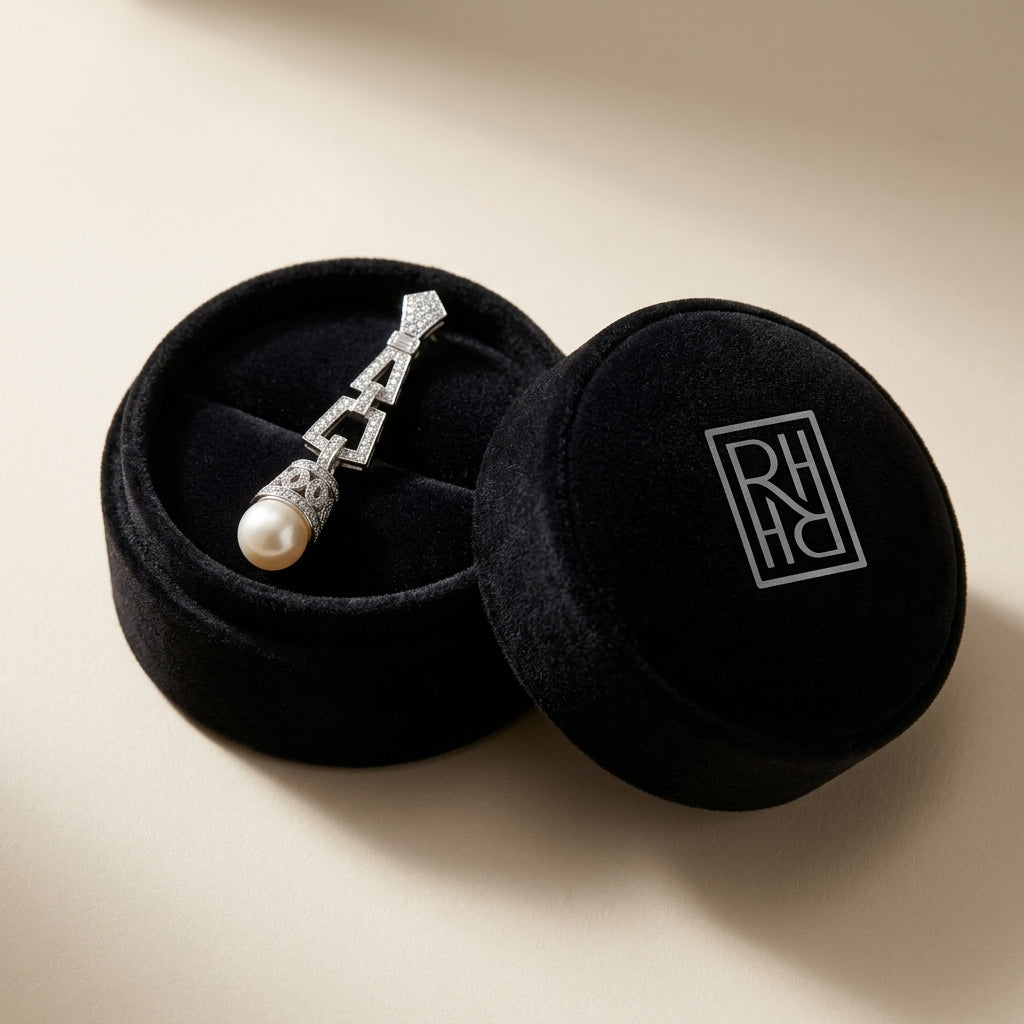 Pearl & Diamond Art Deco Dangle Earrings , Includes Igi Certificate in 18K White Gold - presentation