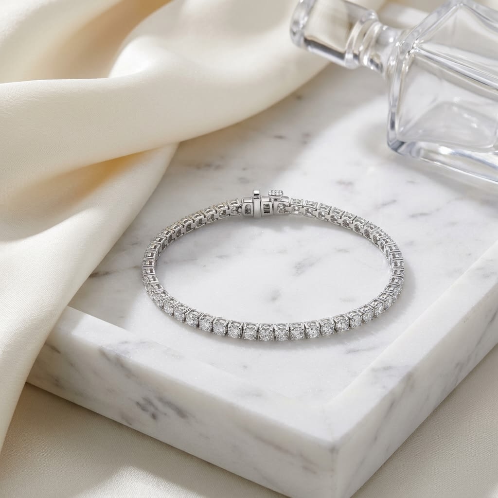 Diamond 4-prong Tennis Bracelet in 18K White Gold, on marble vanity tray with silk
