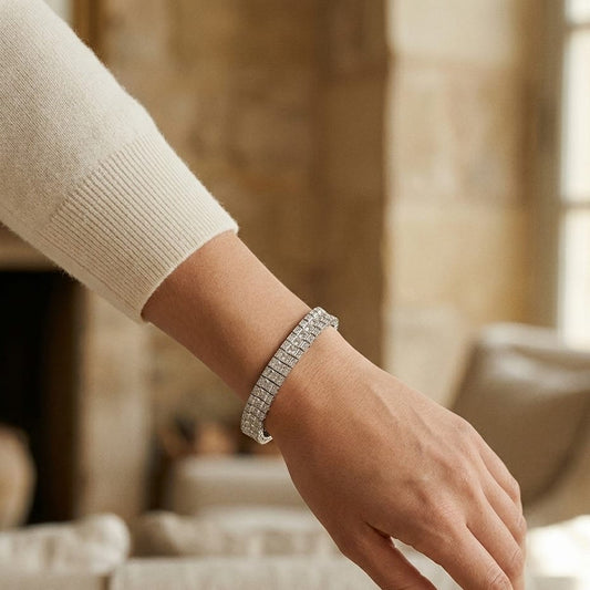Princess & Round Diamond Tennis Bracelet in 18K White Gold - editorial