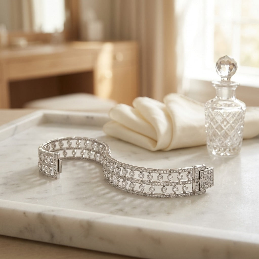 Double Row Floating Diamond Bracelet in 18K White Gold - editorial