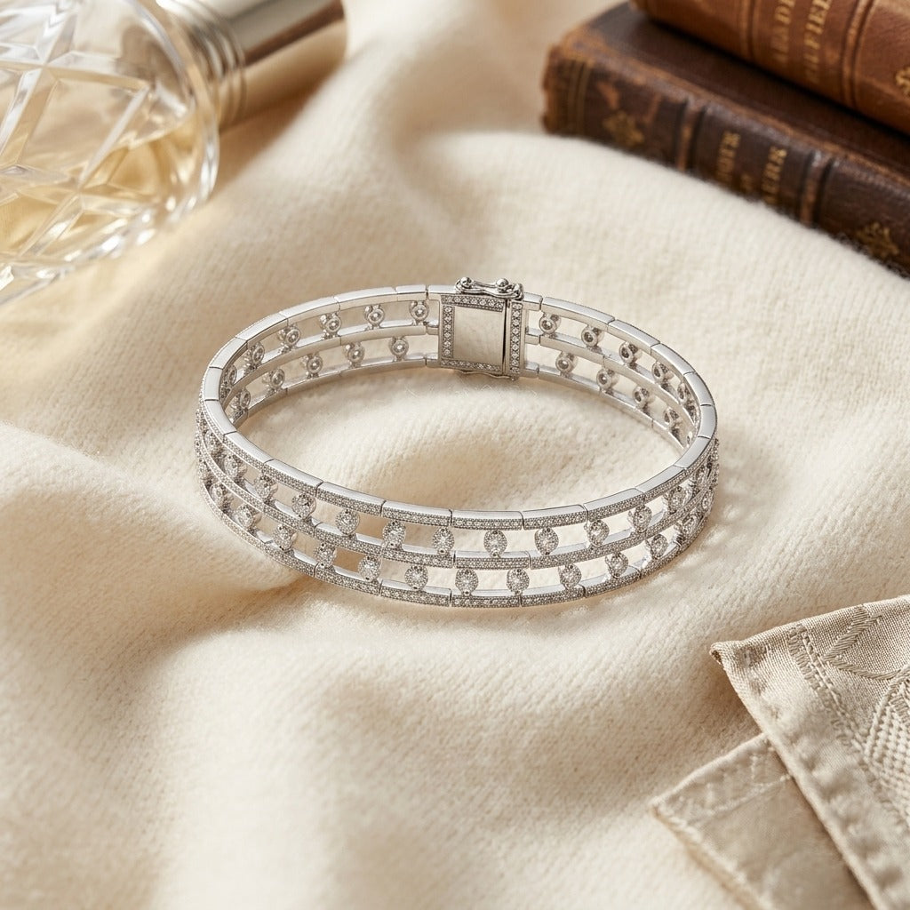 Double Row Floating Diamond Bracelet in 18K White Gold - flat lay