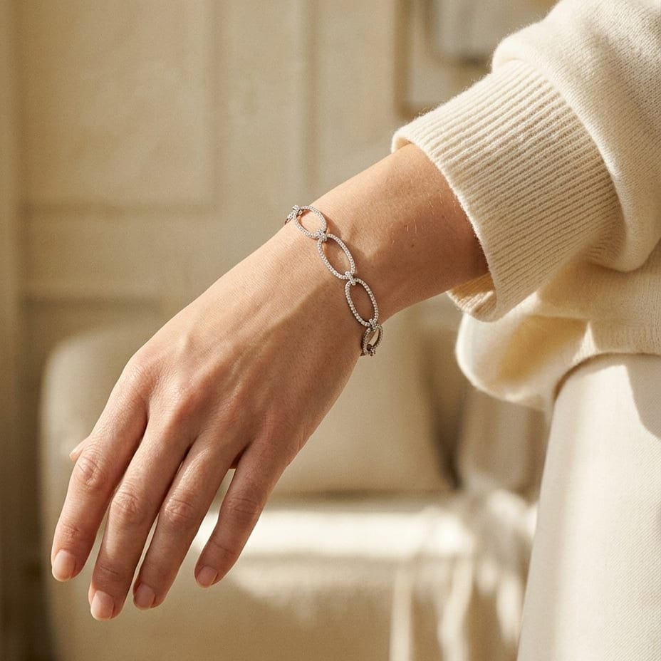 Diamond Pave Open Oval Link Bracelet in 18K White Gold - lifestyle