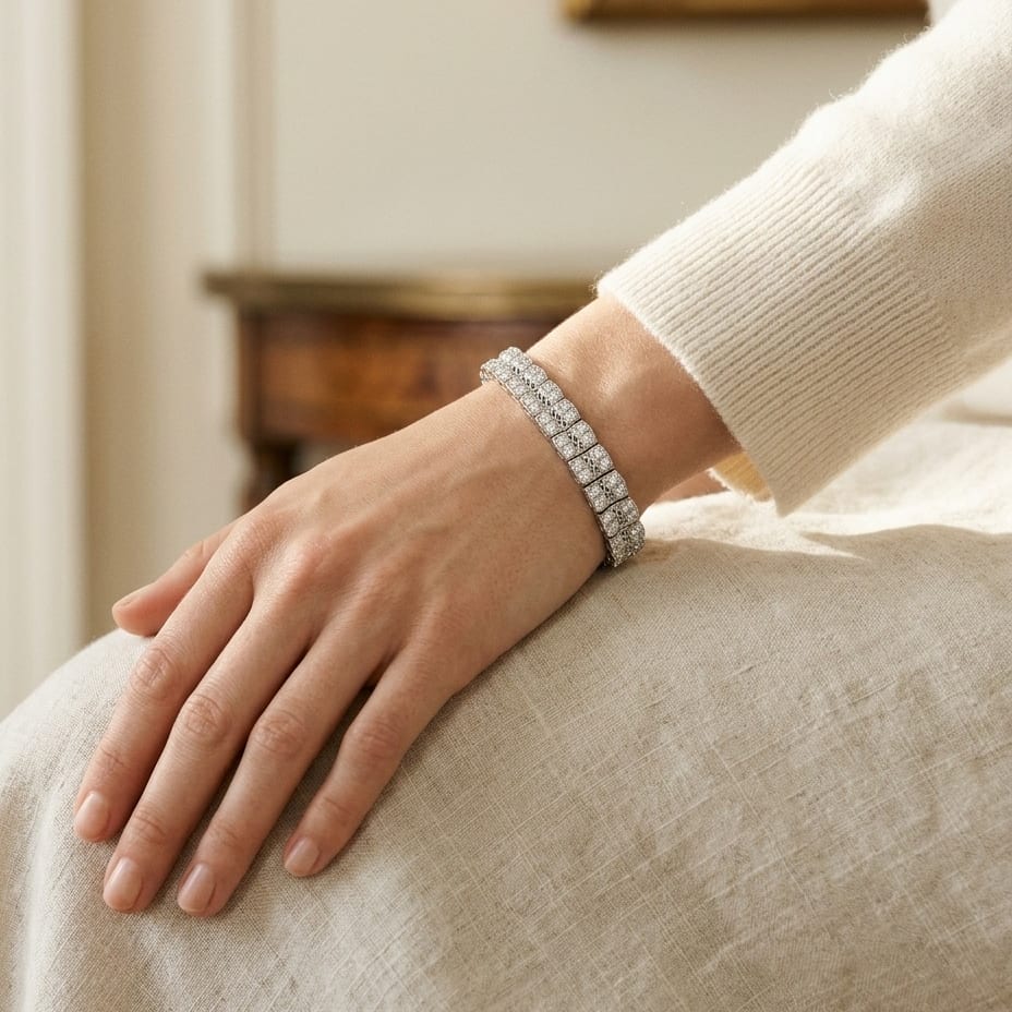 Multi Row Diamond Open Weave Millgrain Bracelet in 18K White Gold - editorial