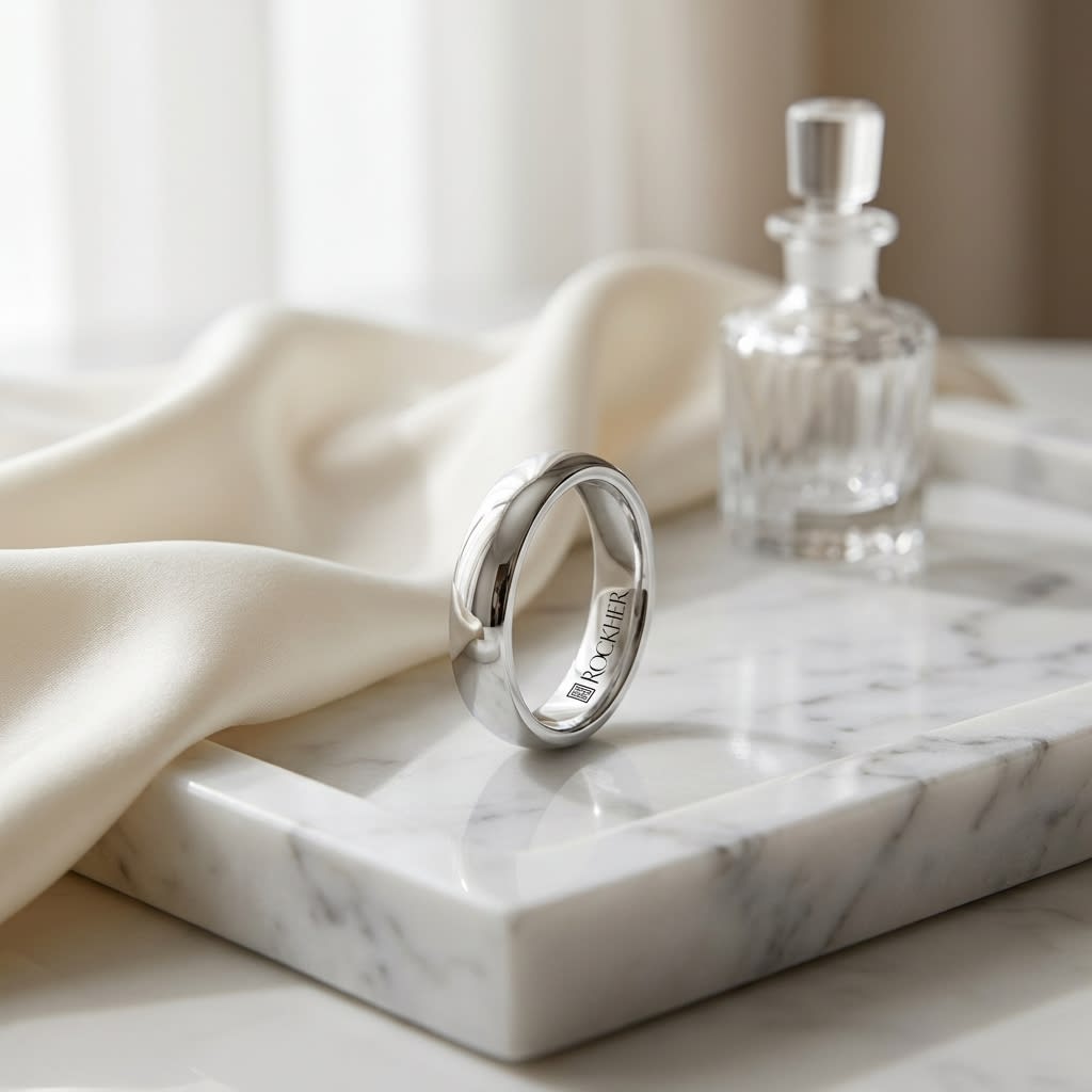 4mm Slightly Domed Traditional Oval Wedding Band in 18K White Gold, on marble vanity tray with silk