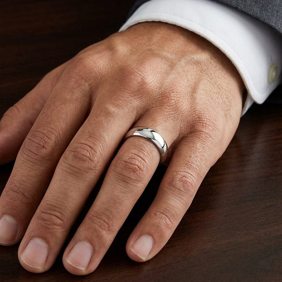 5mm Slightly Domed Traditional Oval Wedding Band in 18K White Gold, worn on hand, masculine close-up