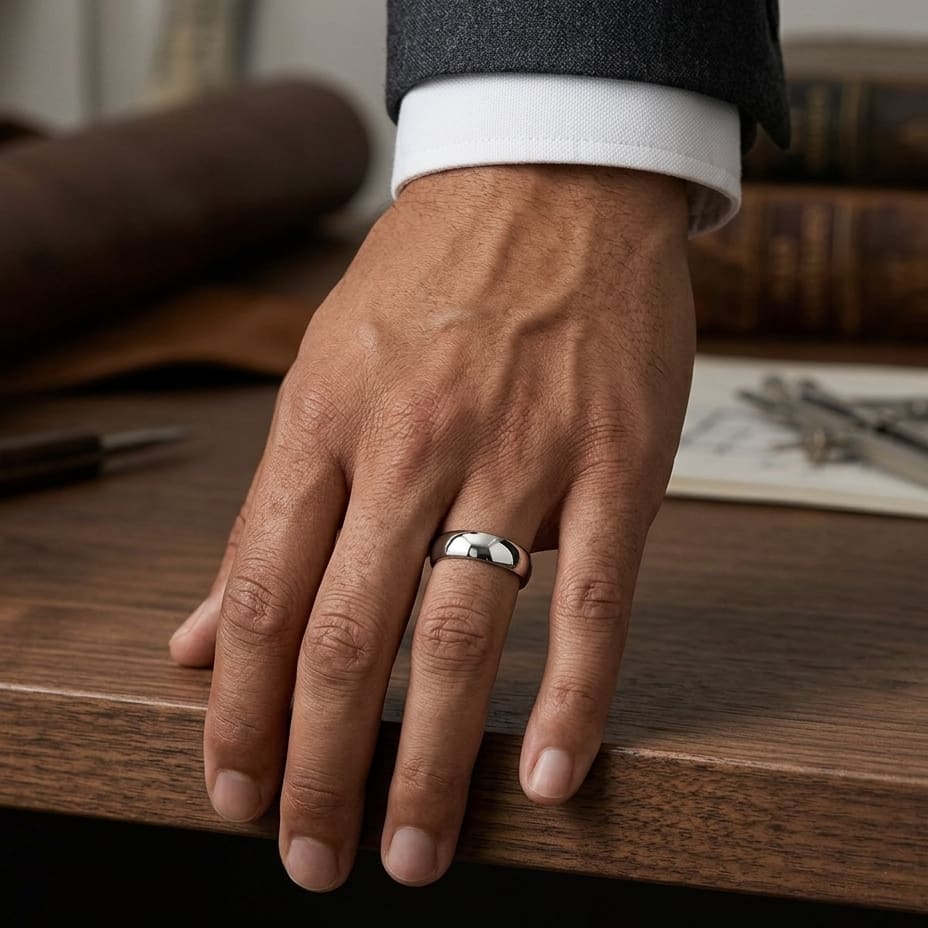 5mm Slightly Domed Traditional Oval Wedding Band in 18K White Gold, worn on hand, masculine full view