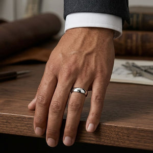 5mm Slightly Domed Traditional Oval Wedding Band in 18K White Gold, worn on hand, masculine full view