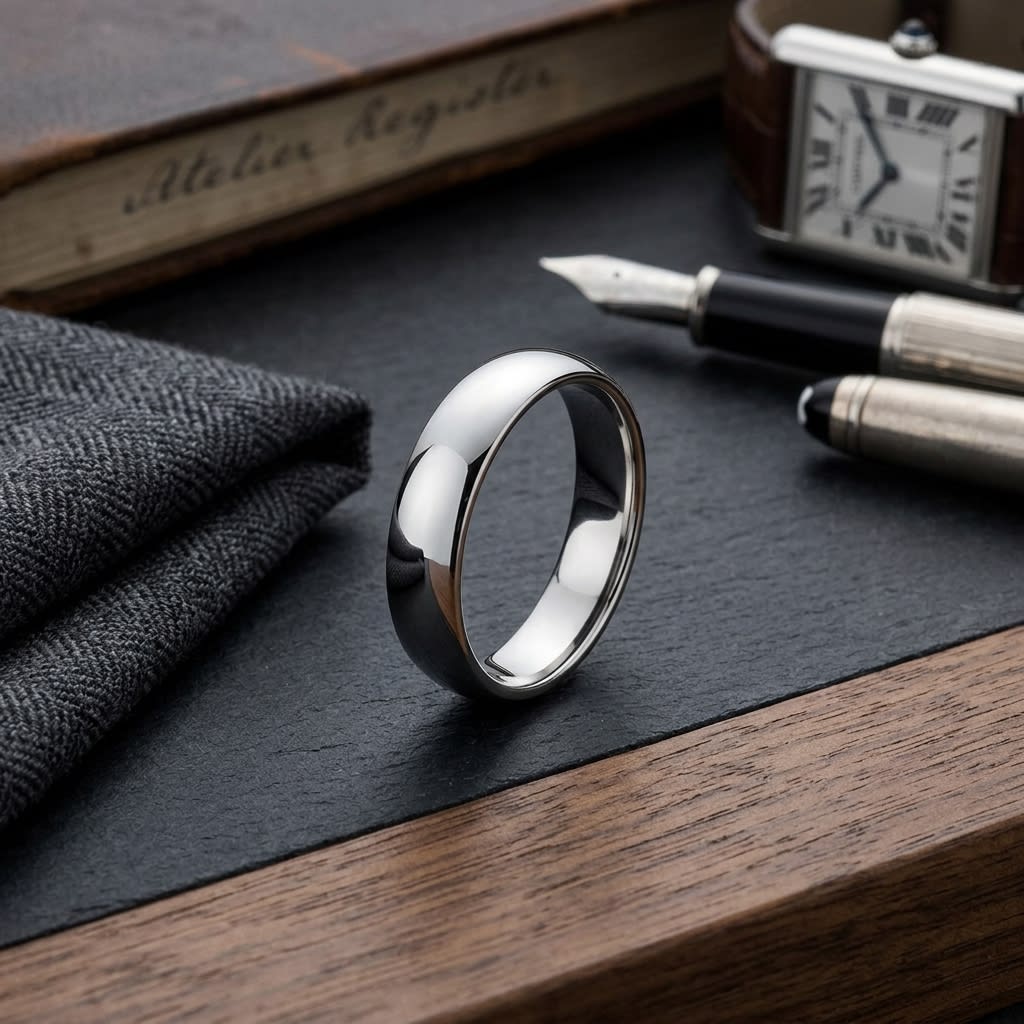 5mm Slightly Domed Traditional Oval Wedding Band in 18K White Gold, on walnut surface with pocket square